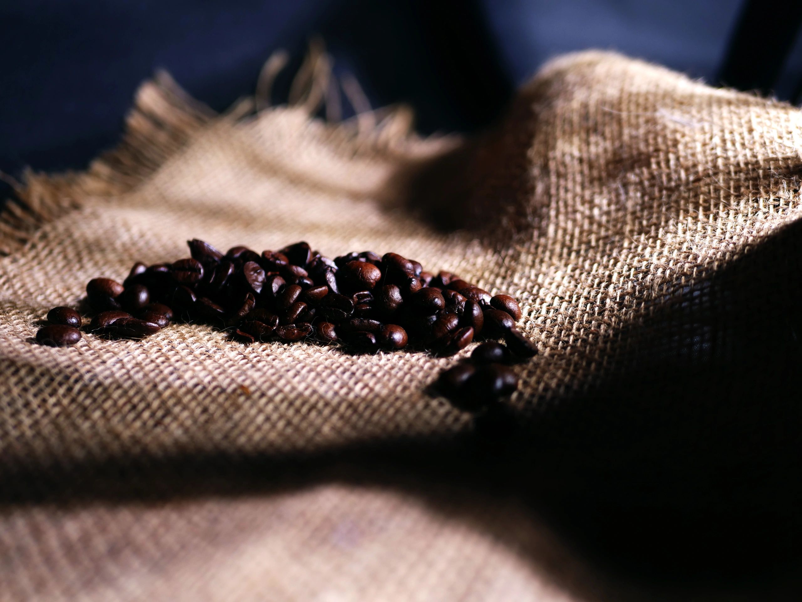 Coffee beans on a burlap sack background